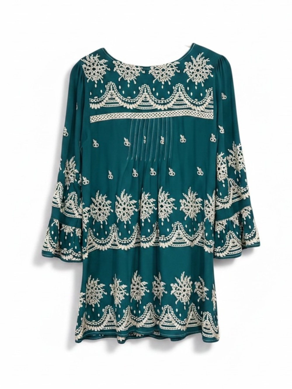 Ivy Jane Boho Embroidered Eyelet Detail 3/4 Sleeve Dress Emerald Green Size XS - Picture 2 of 8